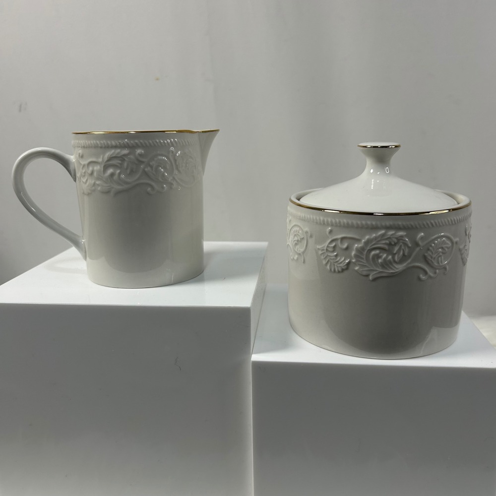 Farberware Calais Creamer & Sugar Bowl Set Stoneware 22K Gold Band‎ 38